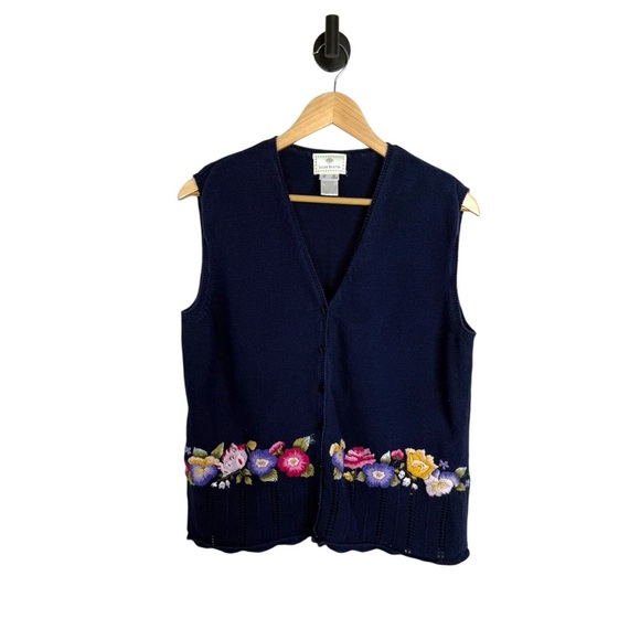 VINTAGE 90s Susan Bristol Hand Embroidered Floral Sweater Vest Navy Multi M - Picture 1 of 10